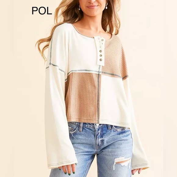 BP30🤎🤍NEW! POL playtime in cutest tan+cream spliced color block top!gr8 day2date - Picture 2 of 9